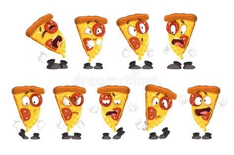 Cute Funny Slice Of Pizza With Different Emotions Set Humanized