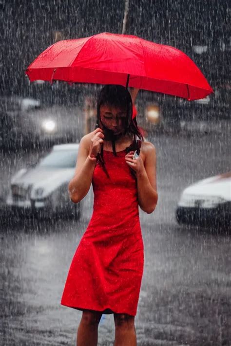 A Girl In A Red Dress Crying In The Middle Of A City Stable Diffusion