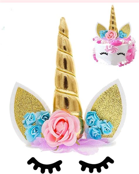 Risshine Unicorn Cake Topper With Gold Unicorn Horn Pink Blue Flowers