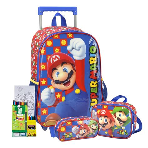 Kit Mochila Rodinha Estojo Lancheira Super Mario Bros Video Game Jogos