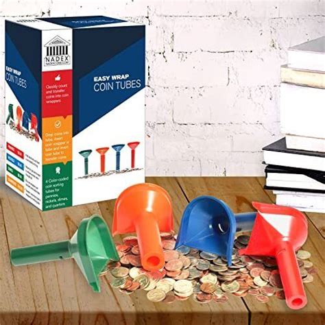 Coin Wrapper With Coin Sorter Tubes Funnel Shaped Color Coded