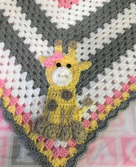 Crochet Baby Girl Giraffe Blanket Pink White And Gray With Giraffe