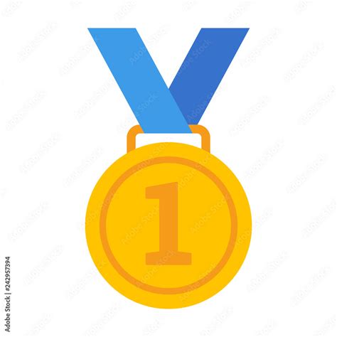 First /1st place gold medal with number 1 and blue ribbon flat vector icon for sports apps and ...