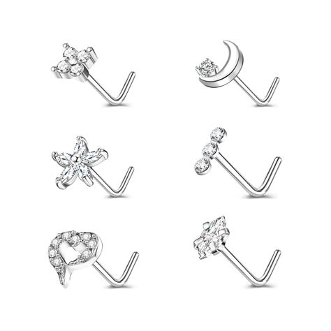 ZS 20G 6Pcs CZ Zircon Nose Studs Piercing L Shape Nose Rings Flower