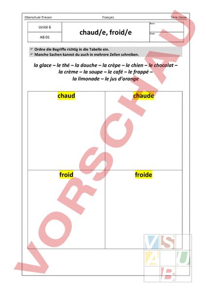 Arbeitsblatt Envol 5 Unité 6 chaud e froid e Französisch Grammatik