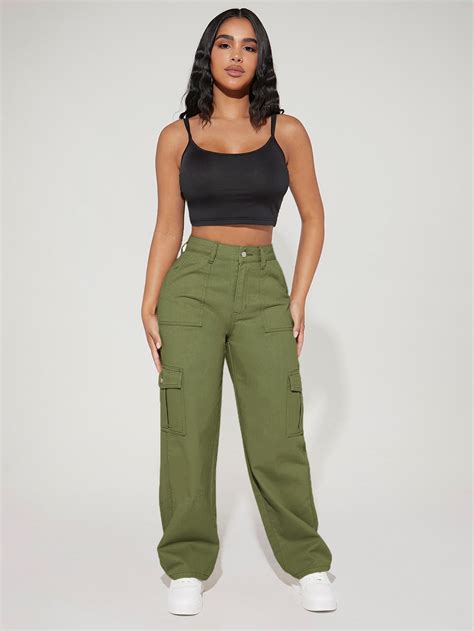 SHEIN PETITE Jeans Cargo De Talle Alto Con Bolsillo Lateral Con Solapa