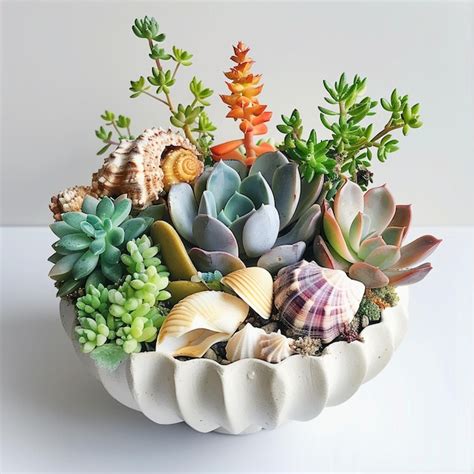 Succulent Planter With Seashells Premium Ai Generated Image