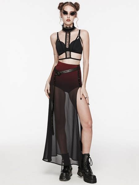 Punk Rave Black And Red Gothic Daily Chiffon Sheer High Slit Maxi Skirt