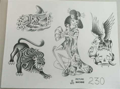 Vtg 1978 Rare Picture Machine Tattoo Flash Sheet 230 Geisha Lion Eagle