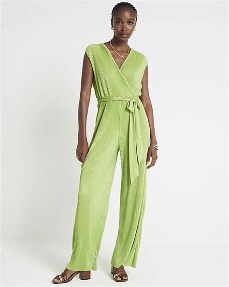 Green Plisse Belted Wrap Jumpsuit River Island