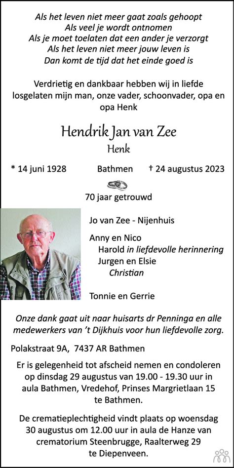 Hendrik Jan Henk Van Zee 24 08 2023 Overlijdensbericht En