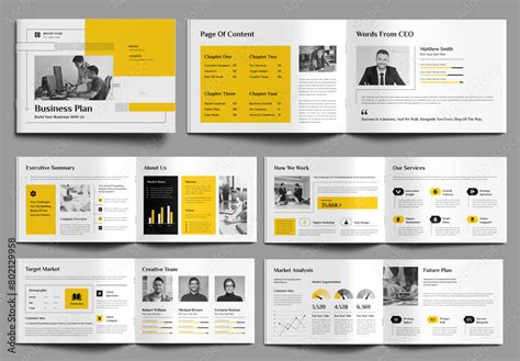 Business Plan Layout With Yellow Accents Landscape Stock Template