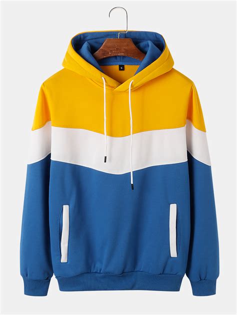 Mens Color Block Patchwork Flocking Casual Loose Drawstring Hoodies