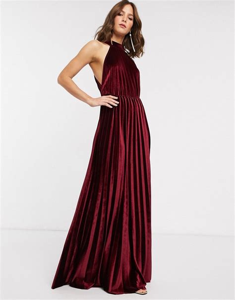 Asos Design Halter Pleated Waisted Maxi Dress In Velvet Red Modesens