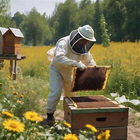 Premium AI Image Winged Bee Slowly Flies To Beekeeper Collect Nectar