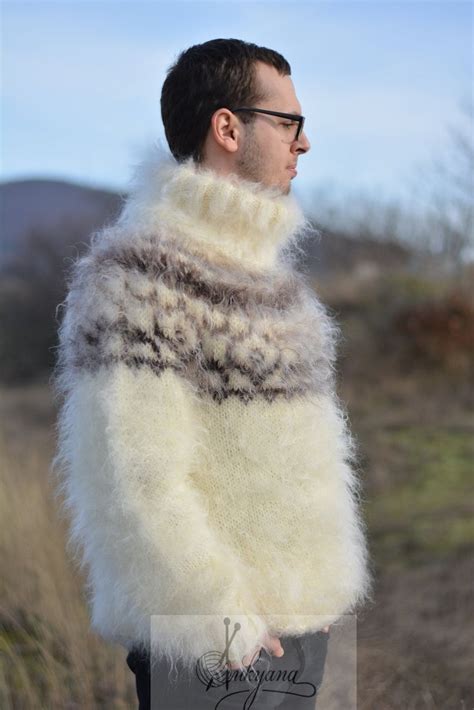 Handmade Icelandic Sweater Mohair Jumper Fuzzy Pullover Hand Knitted Tneck Soft Sweater Relaxed