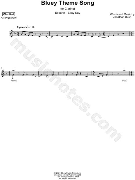 Clarified Bluey Theme Song Excerpt Easy Sheet Music Clarinet