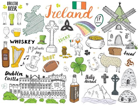 Ireland Sketch Doodles Hand Drawn Irish Elements Set With Flag And Map