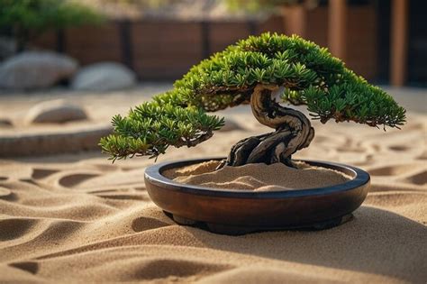 Tranquil Zen Garden With Bonsai Tree Sand Premium AI Generated Image