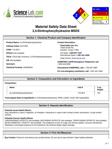 24 Dinitrophenylhydrazine Msds Section 1 Chemical Product And