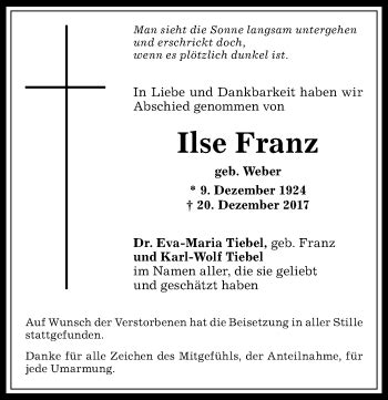 Traueranzeigen Von Ilse Franz Allg Uer Zeitung