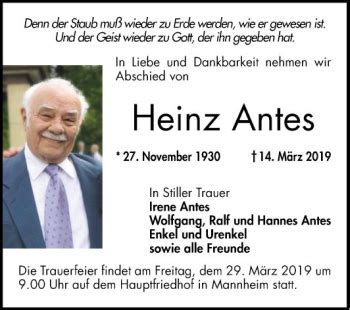 Traueranzeigen Von Heinz Antes Trauerportal Ihrer Tageszeitung