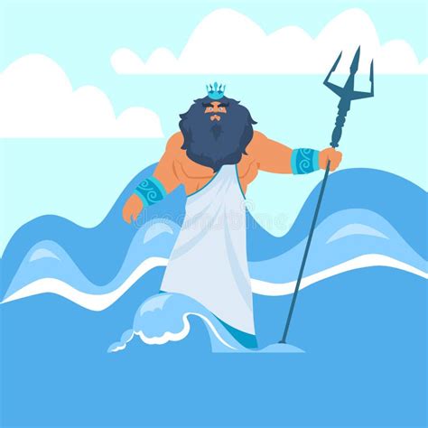 Cartoon Greek God Poseidon With Trident Ocean Waves Neptune In Sea