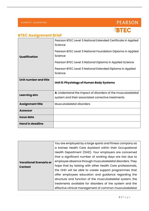 Btec Applied Science Unit 8 Learning Aim A Musculoskeletal System