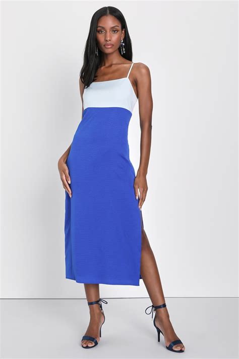 Blue Color Block Dress Shift Midi Dress Sleeveless Midi Dress Lulus