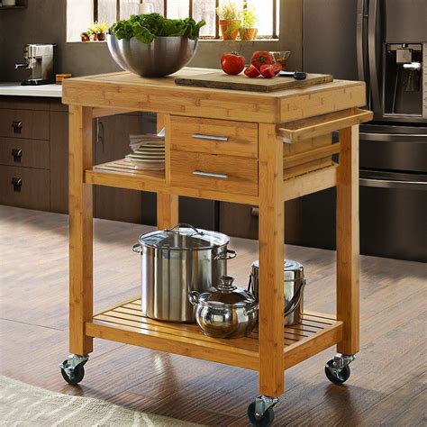 Rolling Bamboo Wood Kitchen Island Cart Trolley W Towel Rack Drawer