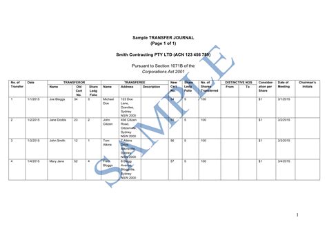 Transfer Journal Free Template Sample Lawpath