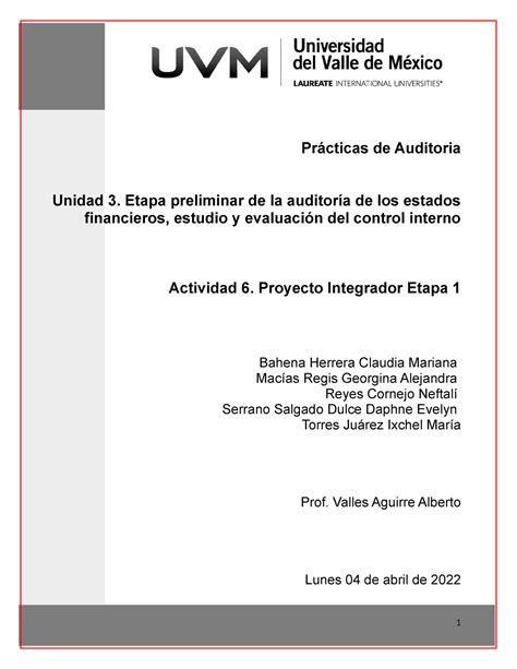 A6 Proyecto Integrador Prácticas de Auditoria Unidad 3 Etapa