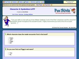 Character & Symbolism LOTF Worksheet for 7th - 8th Grade | Lesson Planet