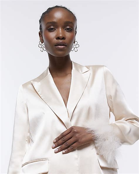 Cream Satin Feather Cuff Blazer River Island