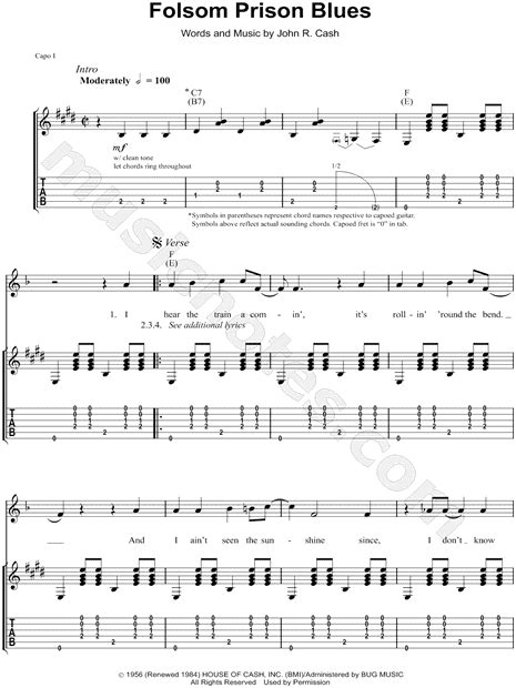 Johnny Cash Folsom Prison Blues Guitar Tab In E Major Download And Print Blues Guitar