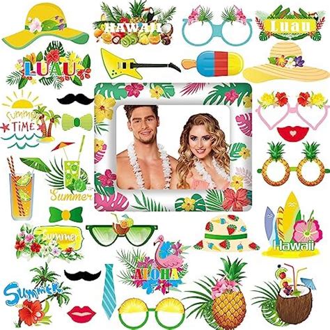 VEGCOO Hawaiian Party Photo Booth Props Kit 30 PCS Frame Flamingo