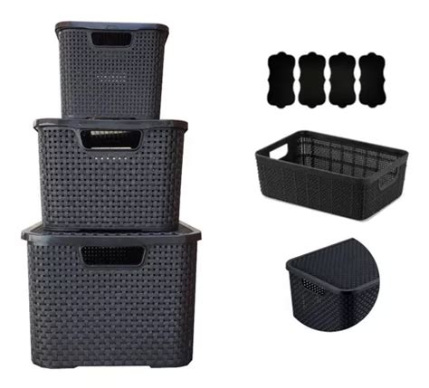 Kit 3 Caixas Organizadoras Rattan C Tampa Preta 7 15 20 Lts