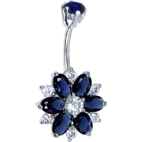 Sterling Silver 925 Sapphire Blue Cubic Zirconia Sensational Flower Belly Ring Belly Button