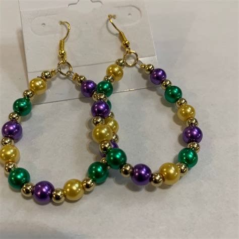 Long Mardi Gras Bead Earrings In Purple Gold And Green Acrylic Etsy