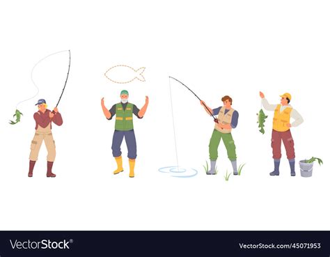 Fisherman With Rod And Fish Isolated Set Vector Image