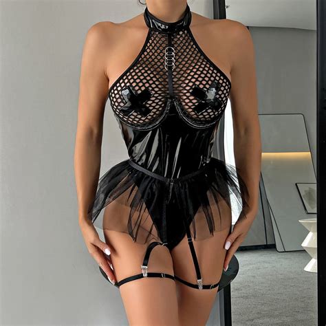 Poteti Mesh Lingerie Womens Black See Through Nightwear Strappy Hollow