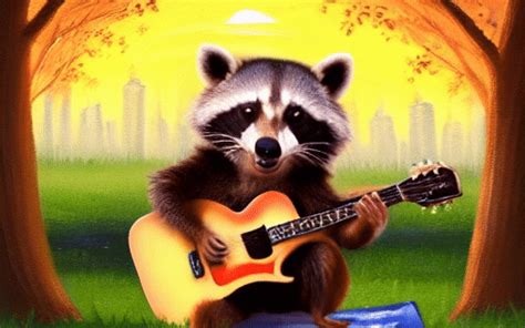 A Cute Raccoon Playing Guitar In The Park At Sunrise Oil Painting