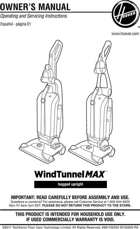 Hoover Uh30600 Windtunnel Max Bagged Upright Owners Manual