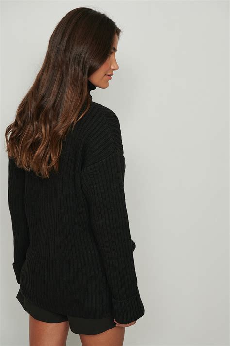 Ribbed Knitted Turtleneck Side Slit Sweater Black Na