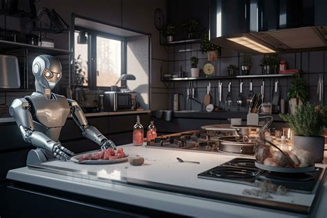 Robot In The Kitchen 3d Rendering Robot And Food Futuristic AI Robot