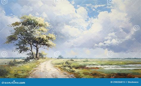 Highly Detailed Pastoral Landscape Painting With Road Trees And