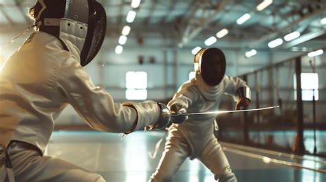 Premium Photo Two Professional Fencers Are Engaged In A Fierce