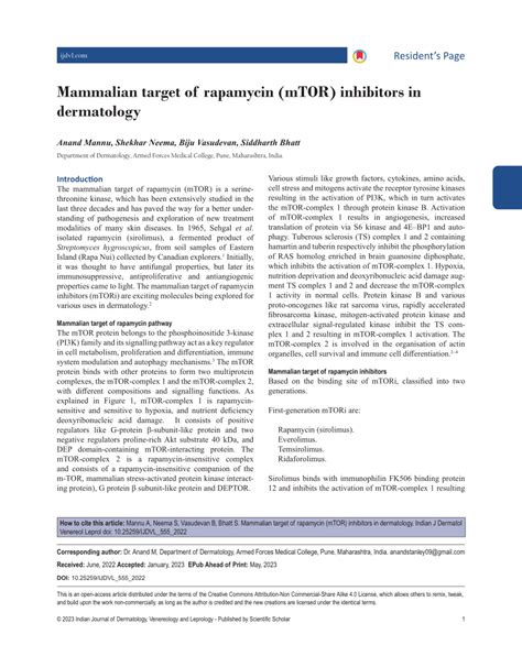 PDF Mammalian Target Of Rapamycin MTOR Inhibitors In Dermatology