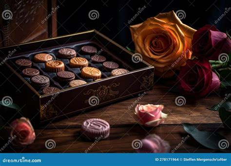 Indulgent Delights Luxury Chocolates Macarons And A Rose Stock Photo