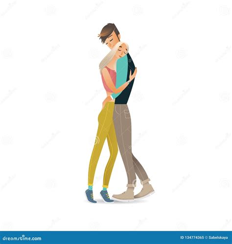 Vector Illustration Of Couple Of Young Man And Woman Hugging Each Other